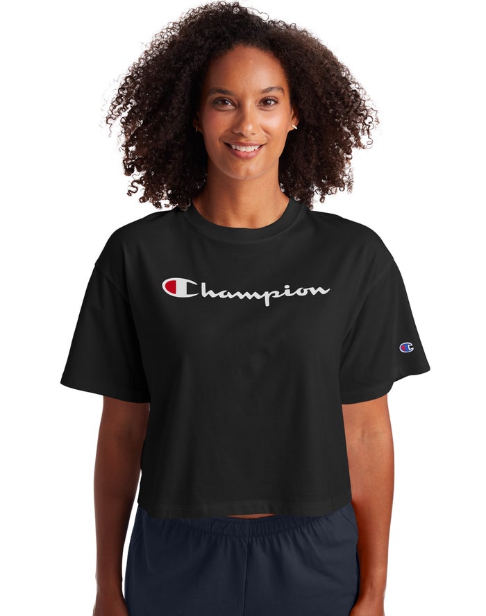 Champion Cropped Script Logo Kadın Tişört Siyah ( DCPUKF513 )